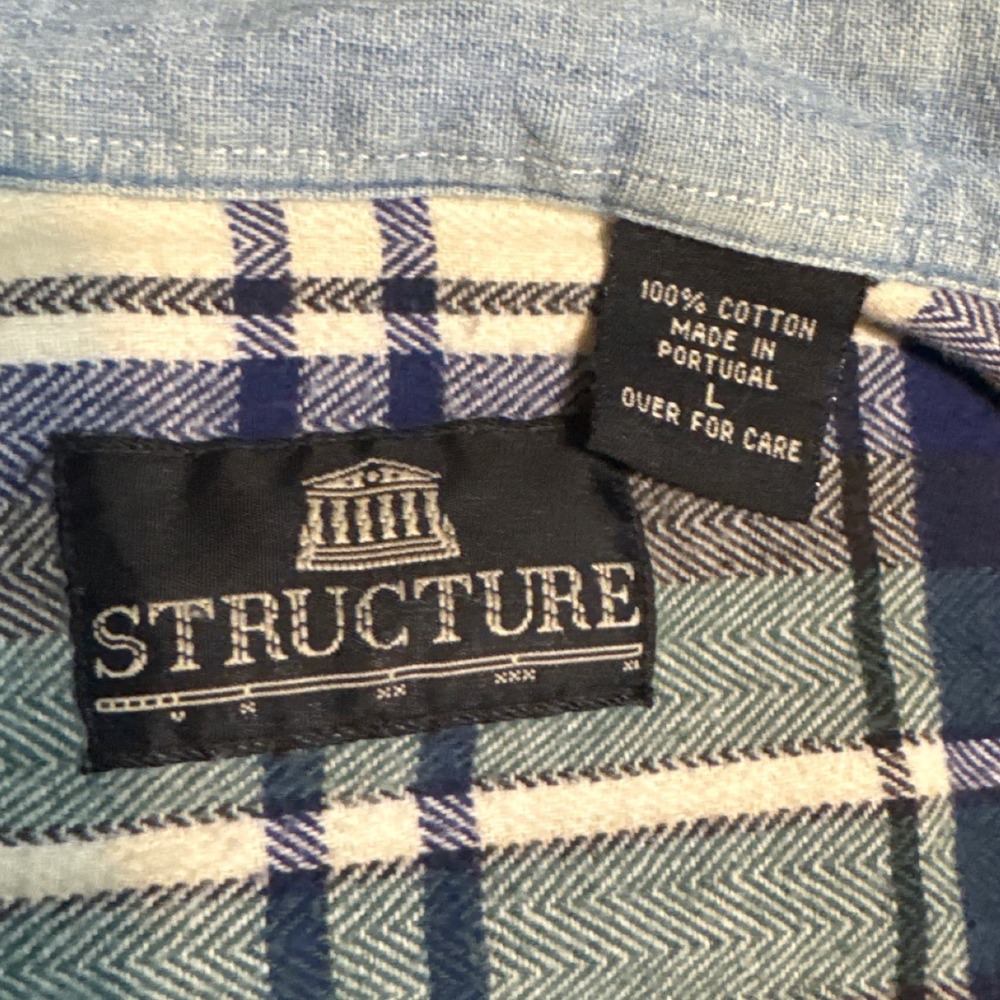 Structure Mens Large Green Blue Plaid Flannel Button Down Shirt Cotton Vintage - Picture 4 of 11